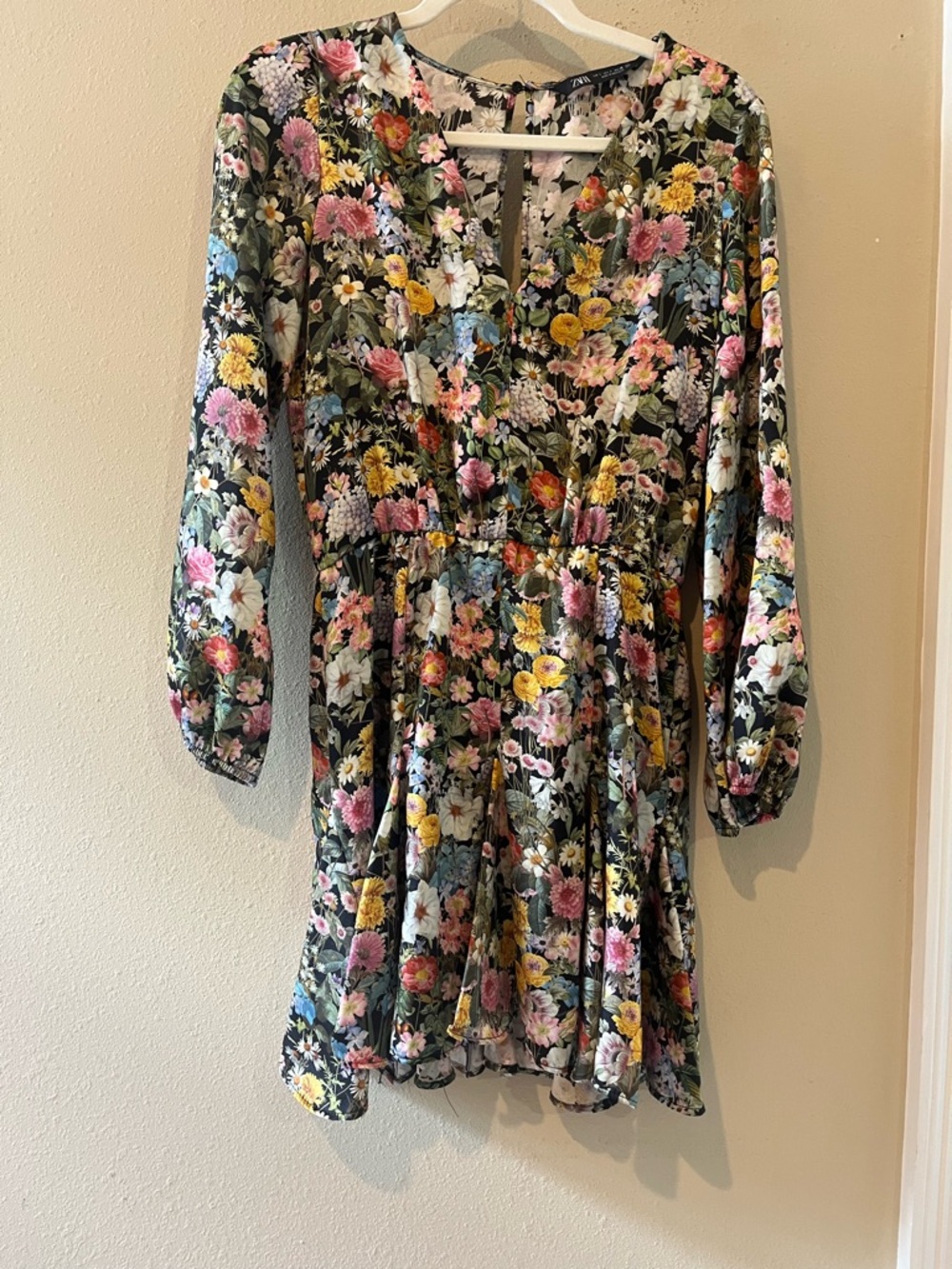 Zara Black Floral Mini Dress with Pink, Yellow & White Blooms